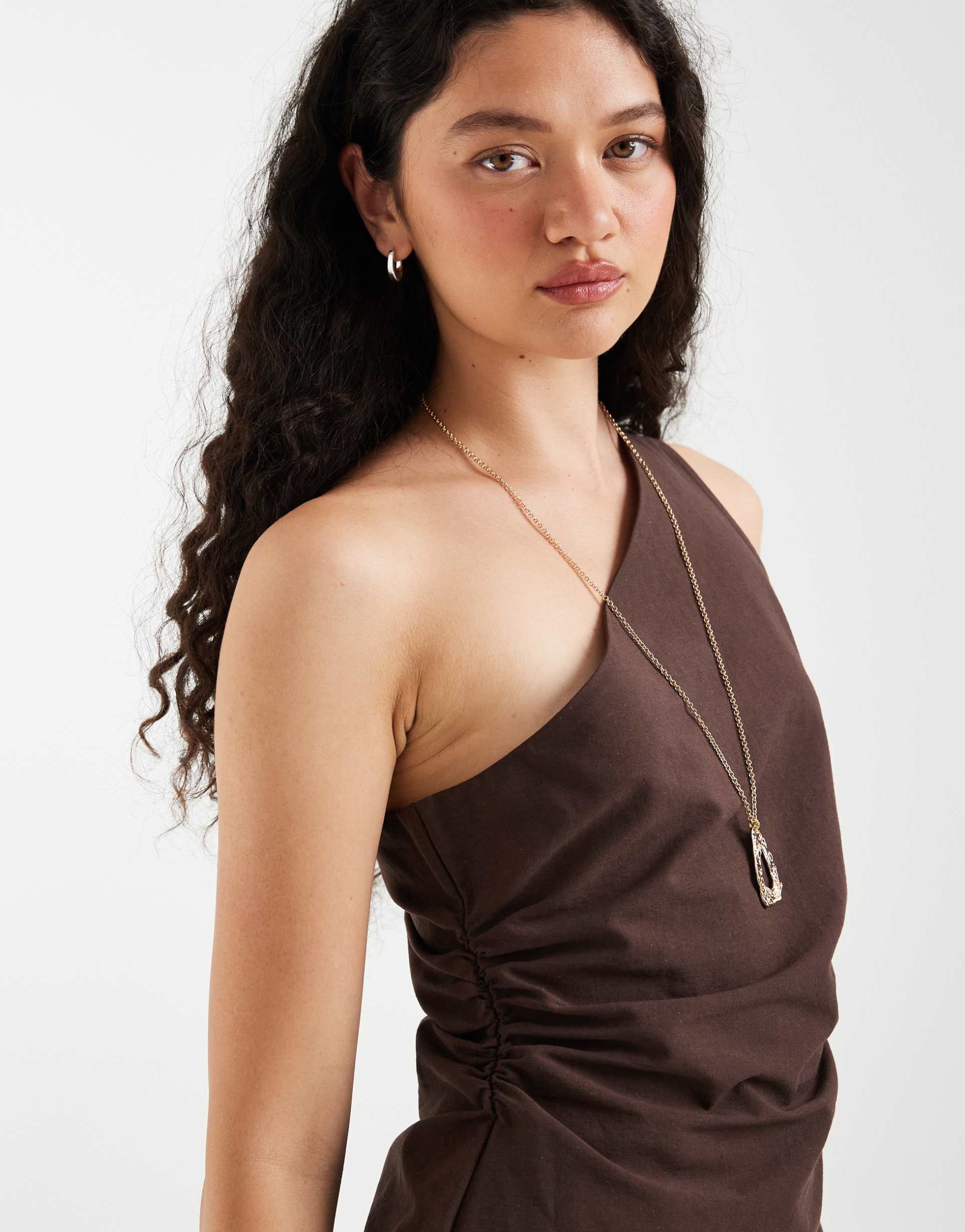 asos design linen blend ruched asymmetric one shoulder top in