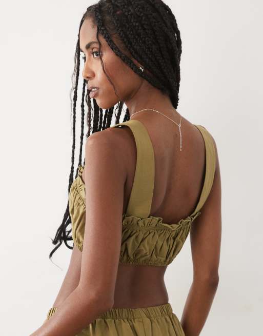 ASOS DESIGN linen blend ruched bralet in olive co ord, 4 of 4