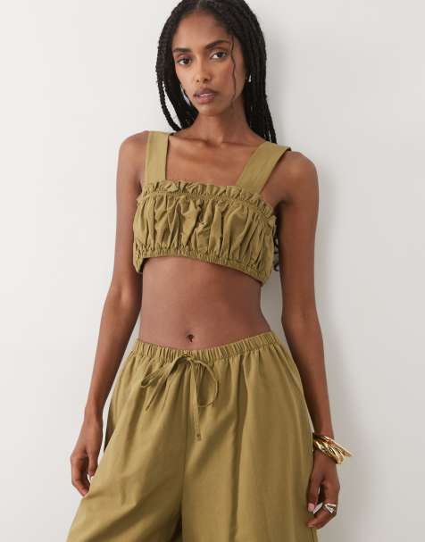 ASOS DESIGN linen-blend ruched bralet in olive (Part of a set) - view 1