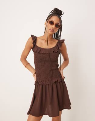 Asos Design Linen Blend Ruffle Shirred Drop Waist Dress In Brown