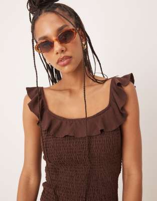 asos design linen blend ruffle shirred drop waist dress in chocolate