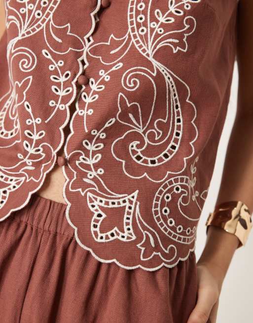 ASOS DESIGN linen blend scallop edge embroidered vest in chocolate - part of a set, 3 of 4