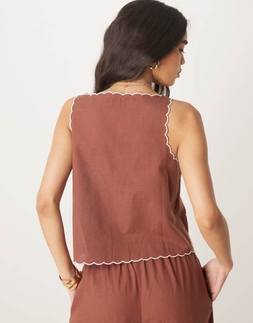 ASOS DESIGN linen blend scallop edge embroidered vest in chocolate - part of a set