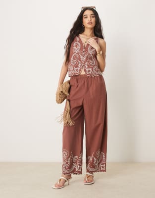 asos ASOS DESIGN linen blend scallop edge embroidered waistcoat and trousers co-ord in brown