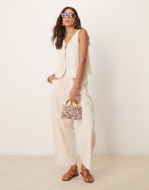 ASOS DESIGN linen blend scallop edge embroidered wide leg trouser & waistcoat co-ord in stone - view 1