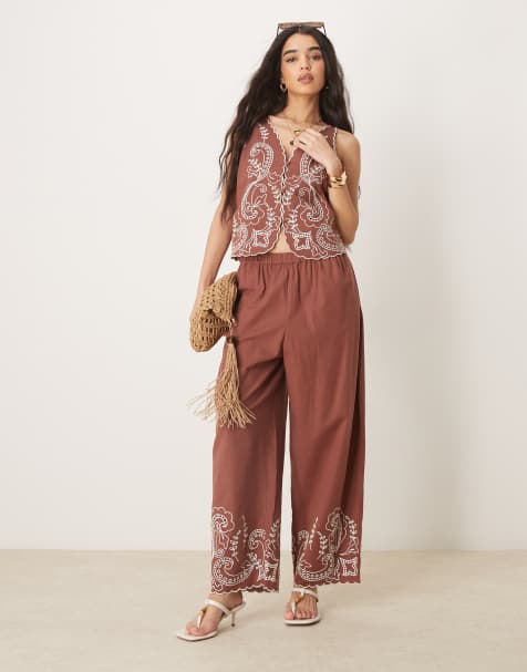 ASOS DESIGN linen blend scalloped edge embroidered vest and pants set in brown - view 1