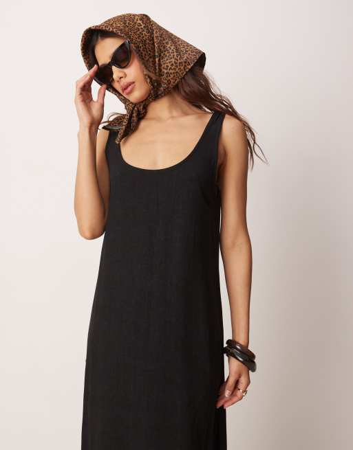 ASOS DESIGN linen blend scoop neck and back midi sundress in black | ASOS