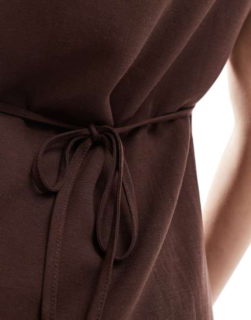 ASOS DESIGN linen blend seam detail mini dress in chocolate, 2 of 4
