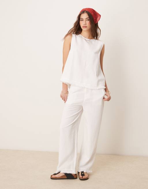 ASOS DESIGN linen blend shell top with tassel hem detail and trousers co-ord in white