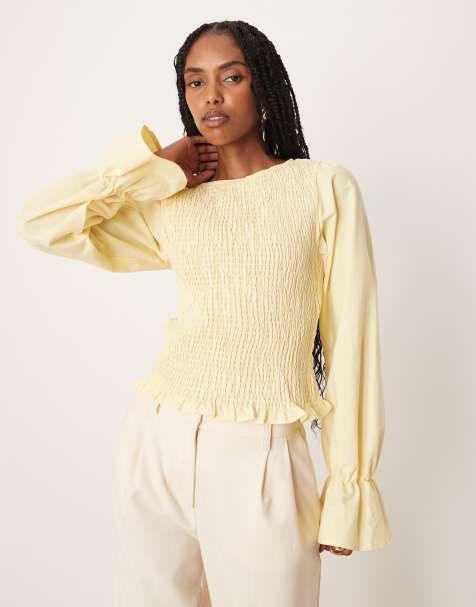 ASOS DESIGN linen blend shirred blouse in buttermilk - view 1
