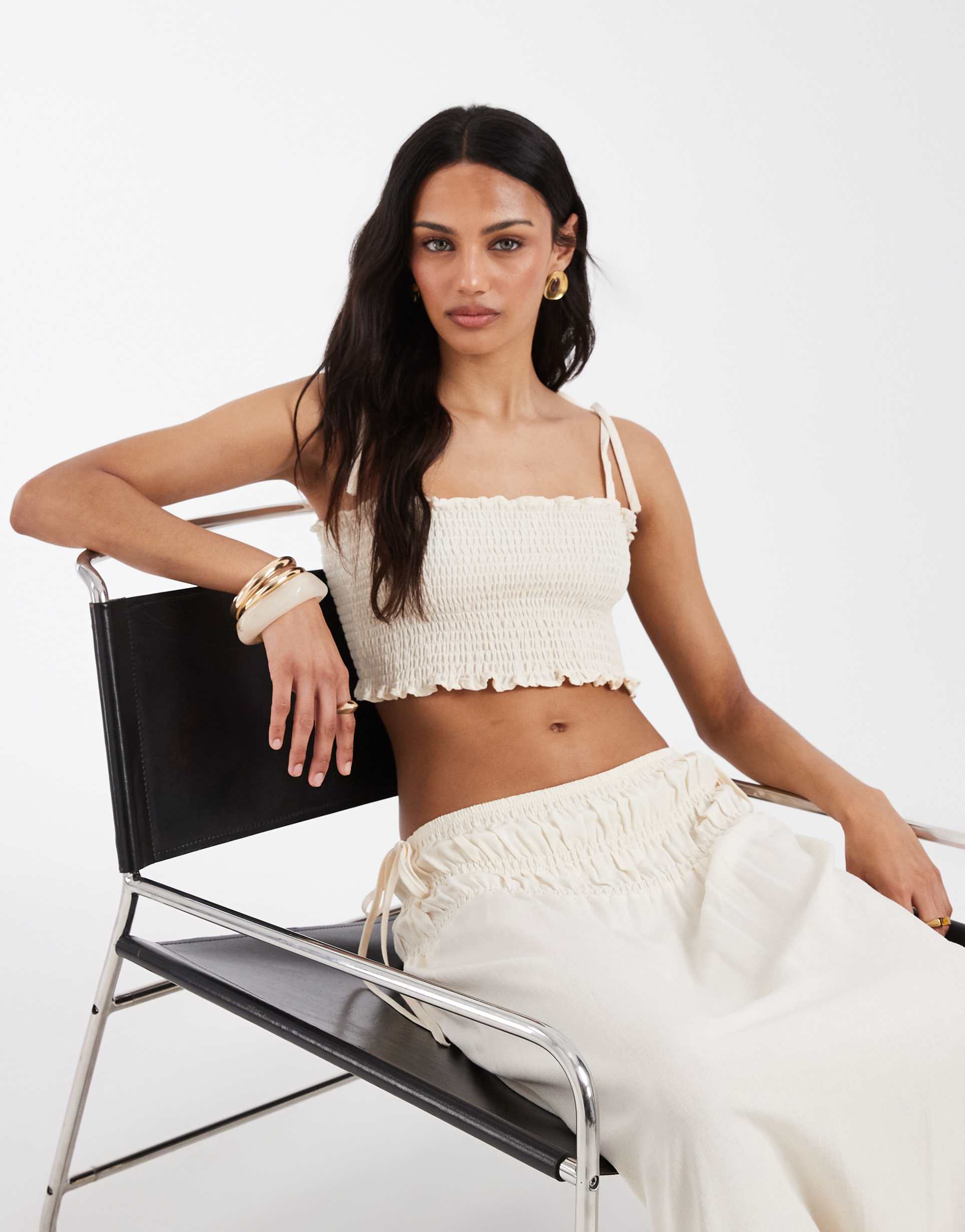 asos design linen blend shirred bralet top in ivory