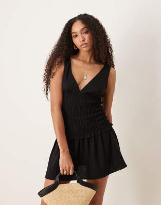 Asos Design Linen Blend Shirred Drop Waist Mini Dress In Black