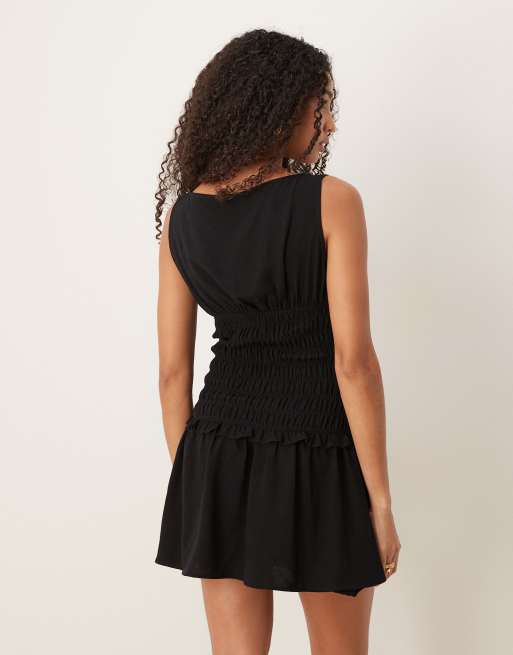 ASOS DESIGN linen blend shirred drop waist mini dress in black