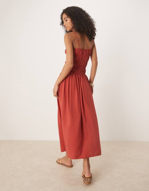ASOS DESIGN linen blend shirred maxi dress in brick red, 2 of 4
