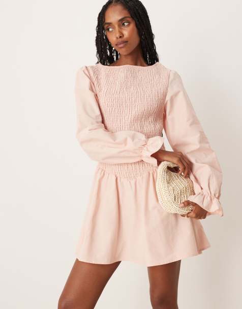 ASOS DESIGN linen blend shirred mini dress in pink - view 1