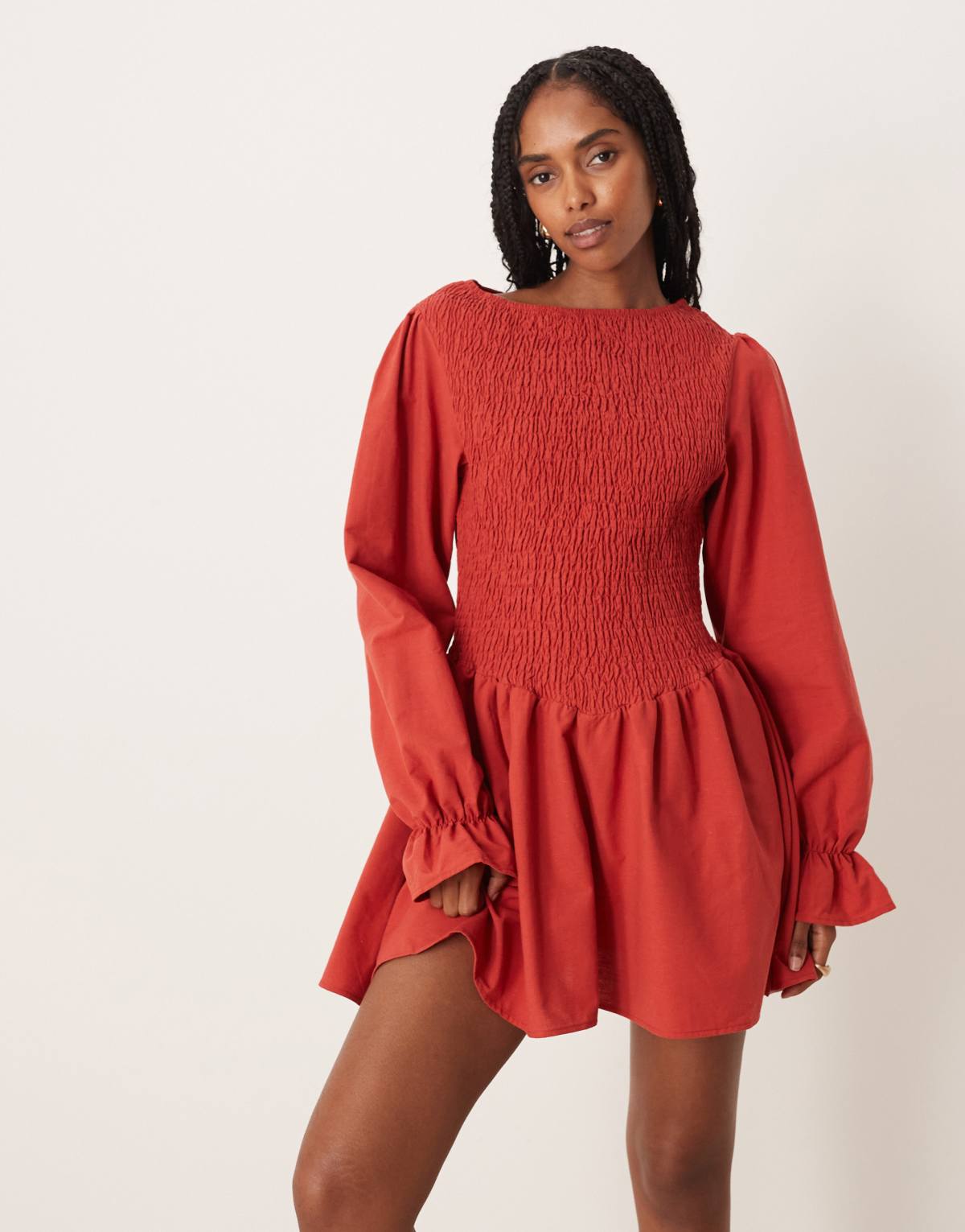 ASOS DESIGN linen blend shirred mini dress in red
