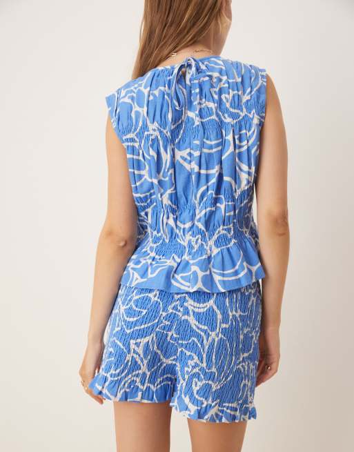 ASOS DESIGN linen blend shirred shorts in blue abstract print - part of a set