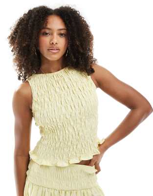 Asos Design Linen Blend Shirred Sleeveless Tank Top In Yellow