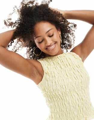 Asos Design Linen Blend Shirred Sleeveless Tank Top In Yellow