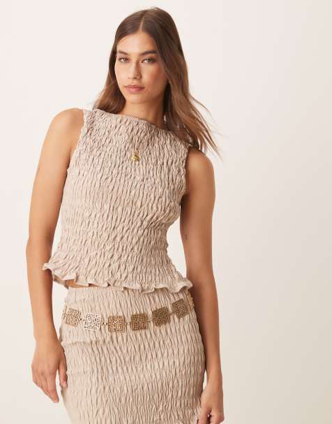 ASOS DESIGN linen blend shirred tank in neutral - view 1