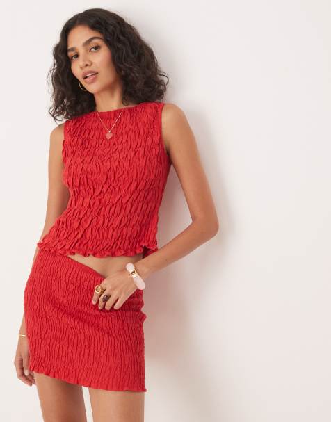 ASOS DESIGN linen blend shirred tank in red - view 1