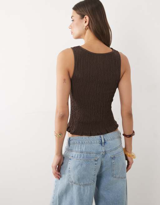 ASOS DESIGN linen blend shirred tank top in chocolate, 3 of 4