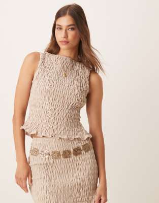 Asos Design Linen Blend Shirred Tank Top In Neutral