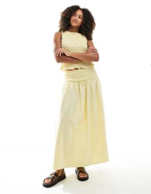 linen blend shirred waist maxi skirt in buttermilk-Yellow