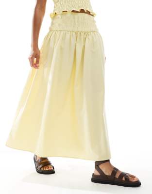 Asos Design Linen Blend Shirred Waist Maxi Skirt In Yellow
