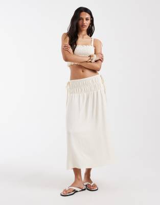 ASOS DESIGN linen blend shirred waist maxi skirt in ivory co ord-White