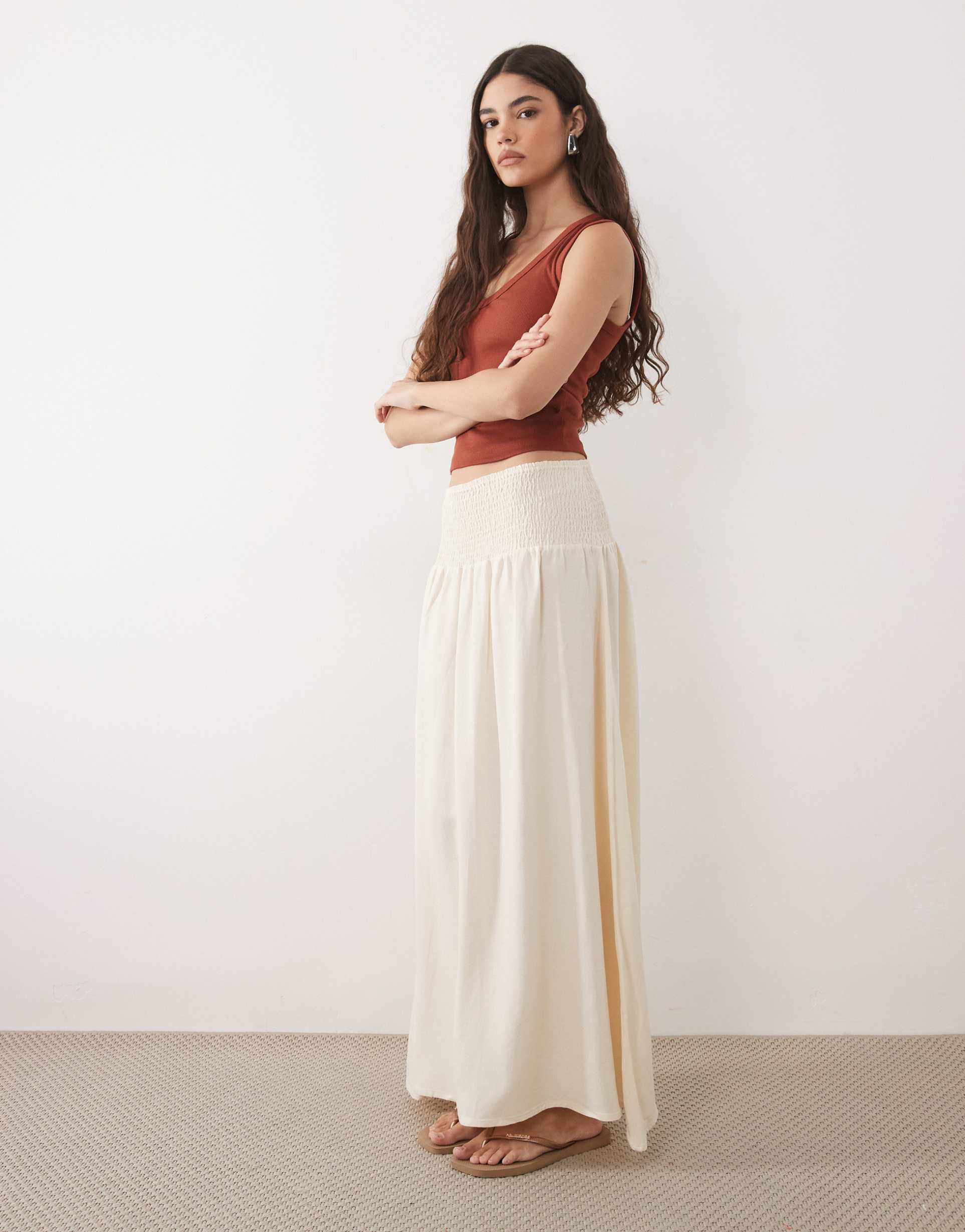 asos design linen blend shirred waist maxi skirt in ivory