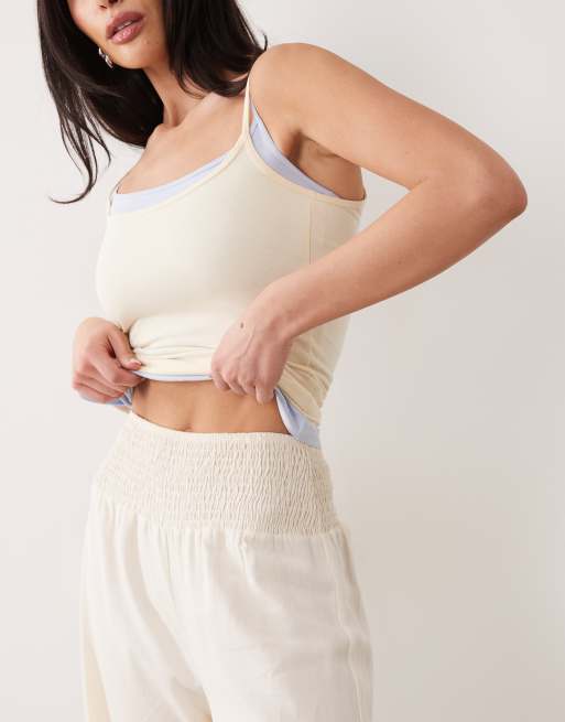 ASOS DESIGN linen blend shirred waist pull on trouser in ivory, 3 of 5