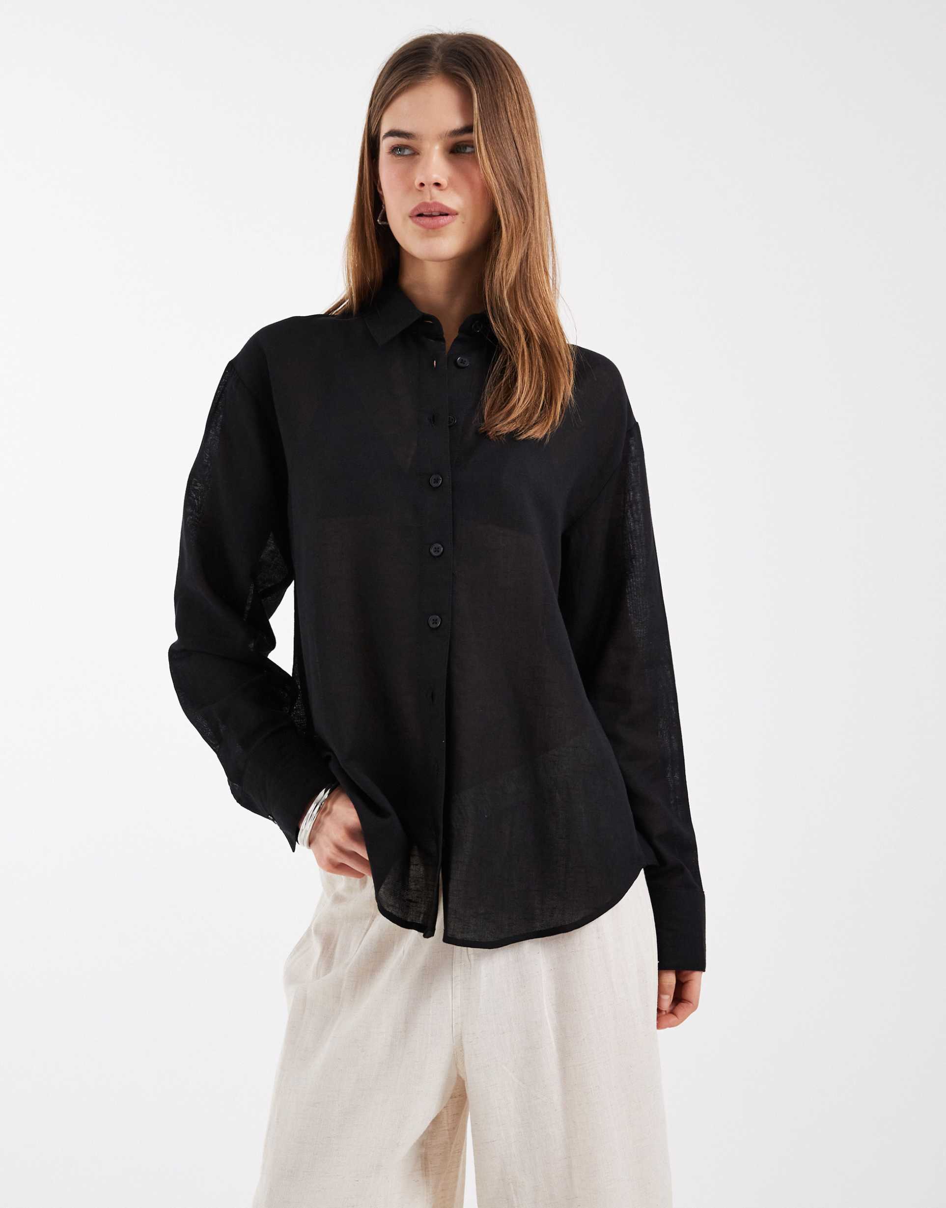 asos design linen blend shirt in black