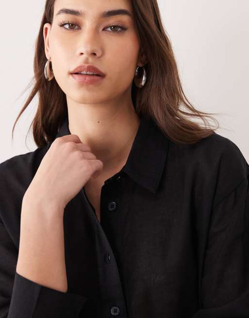 ASOS DESIGN linen blend shirt in black, 3 of 4