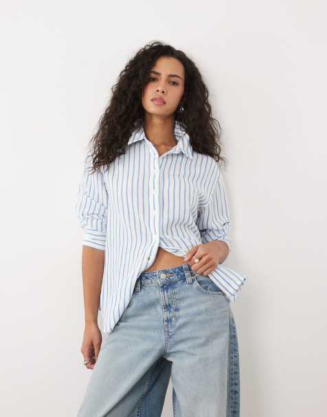 ASOS DESIGN linen blend shirt in blue stripes - view 1