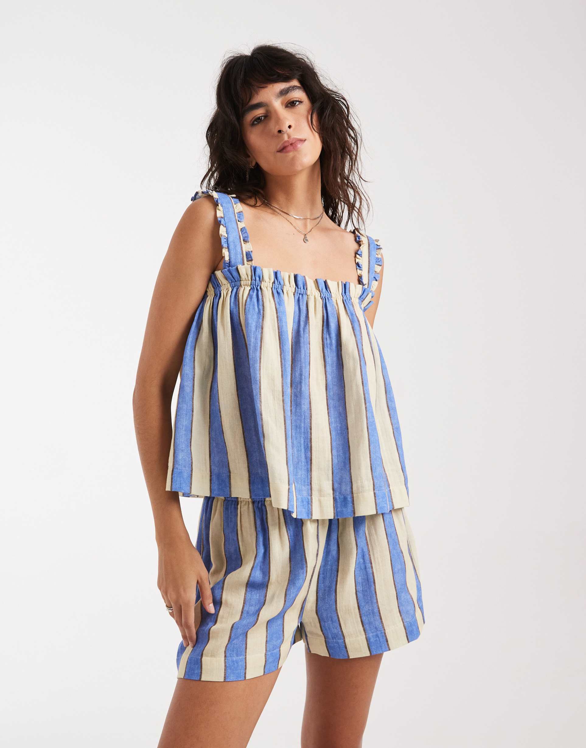 asos design linen blend shirt in blue stripes