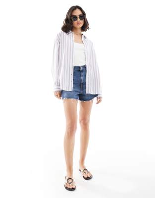 ASOS DESIGN linen blend shirt in blue & white stripe