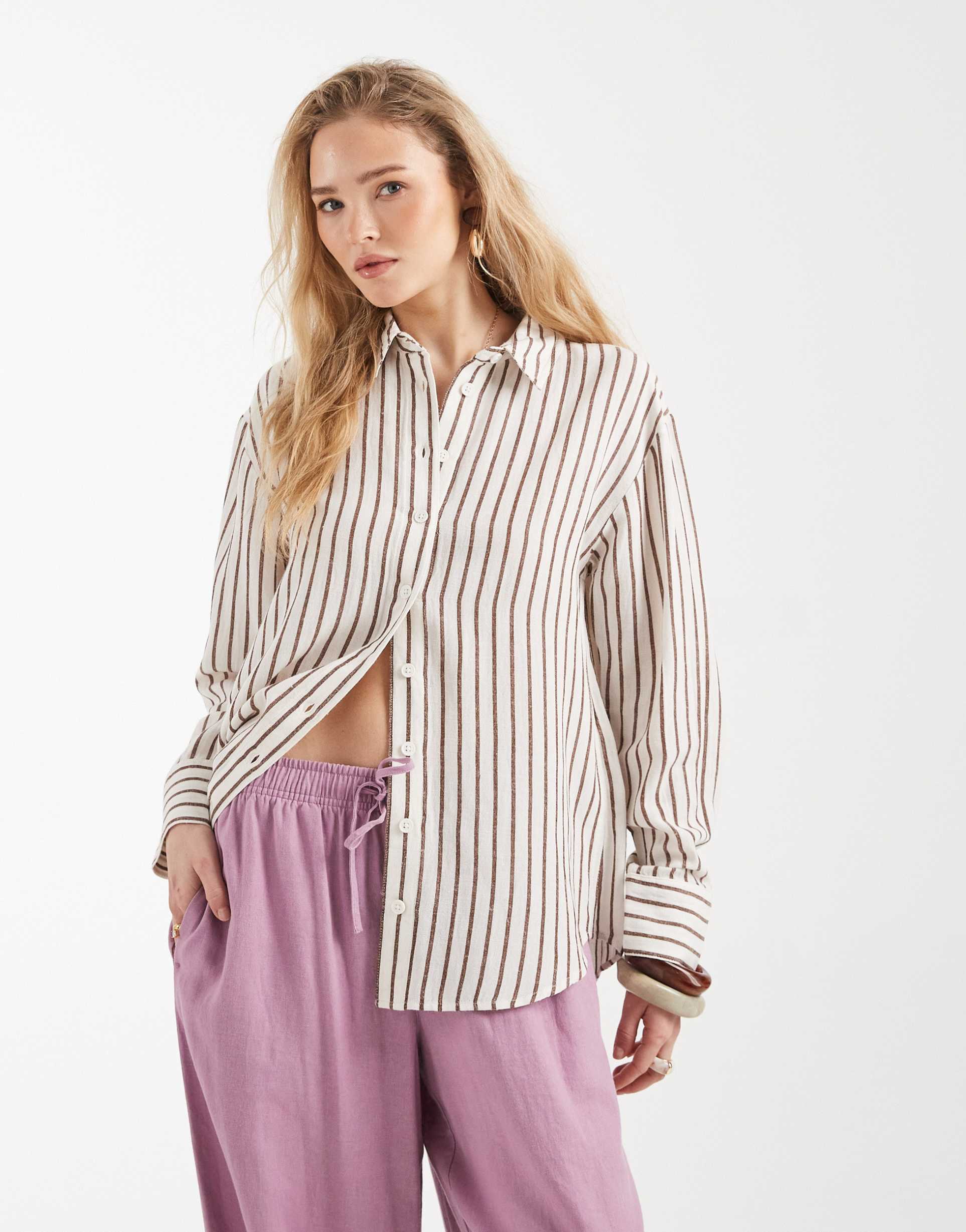 asos design linen blend shirt in brown stripe