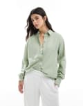 [ASOS DESIGN] ASOS DESIGN linen blend shirt in khaki-Green 16 khaki