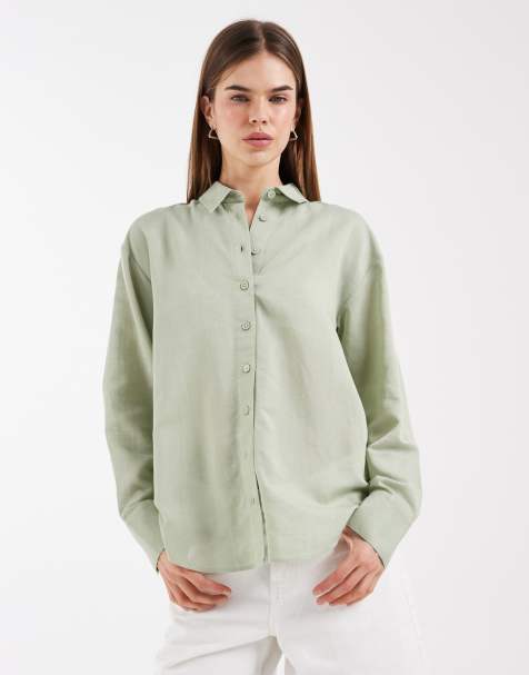 ASOS DESIGN linen blend shirt in khaki - view 1