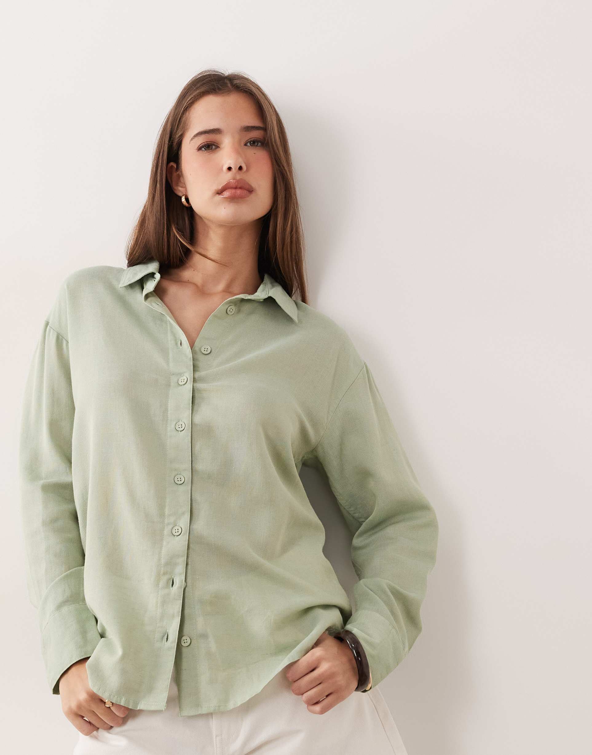 asos design linen blend shirt in khaki