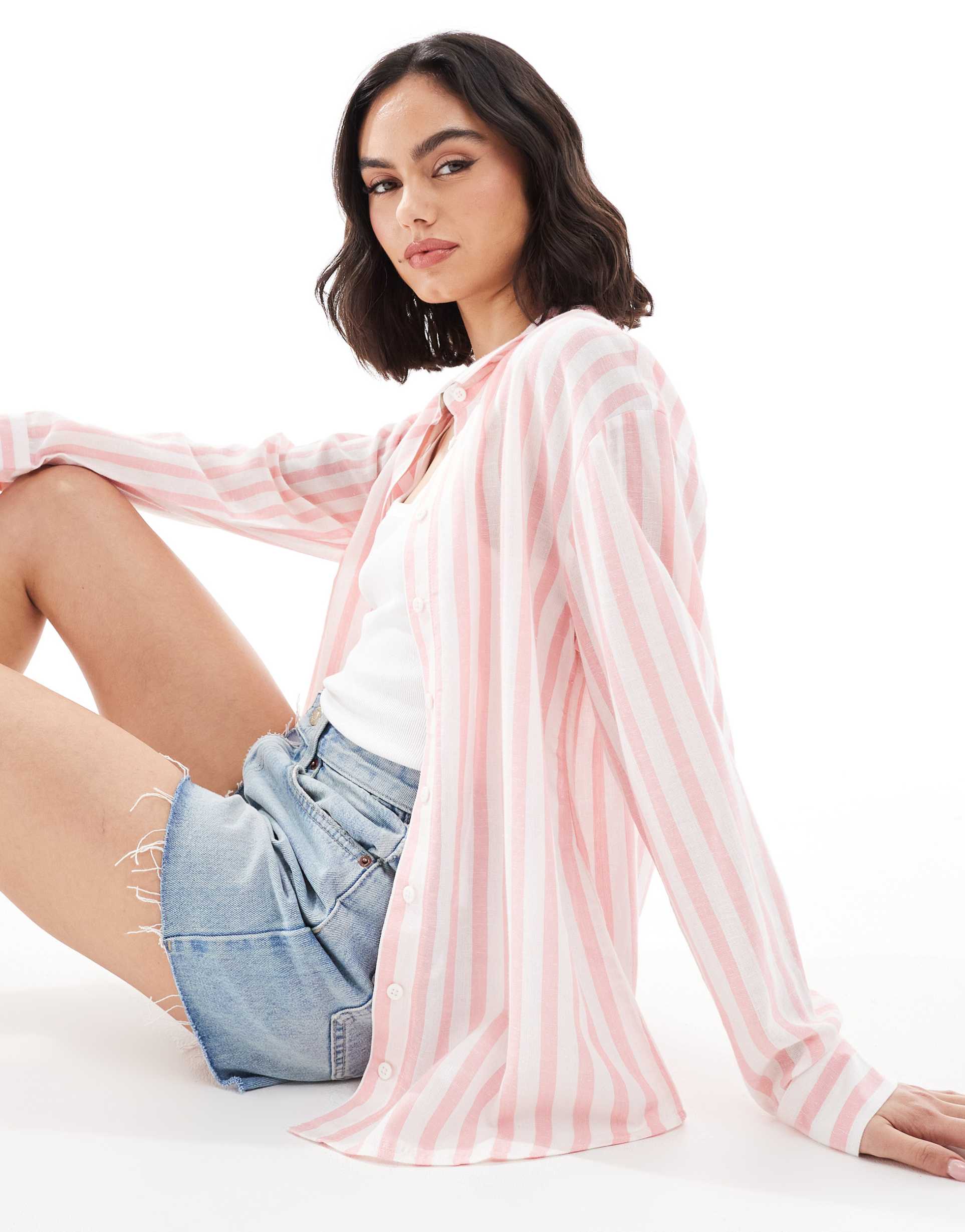asos design linen blend shirt in pink stripe