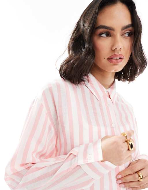 ASOS DESIGN linen blend shirt in pink stripe, 2 of 4