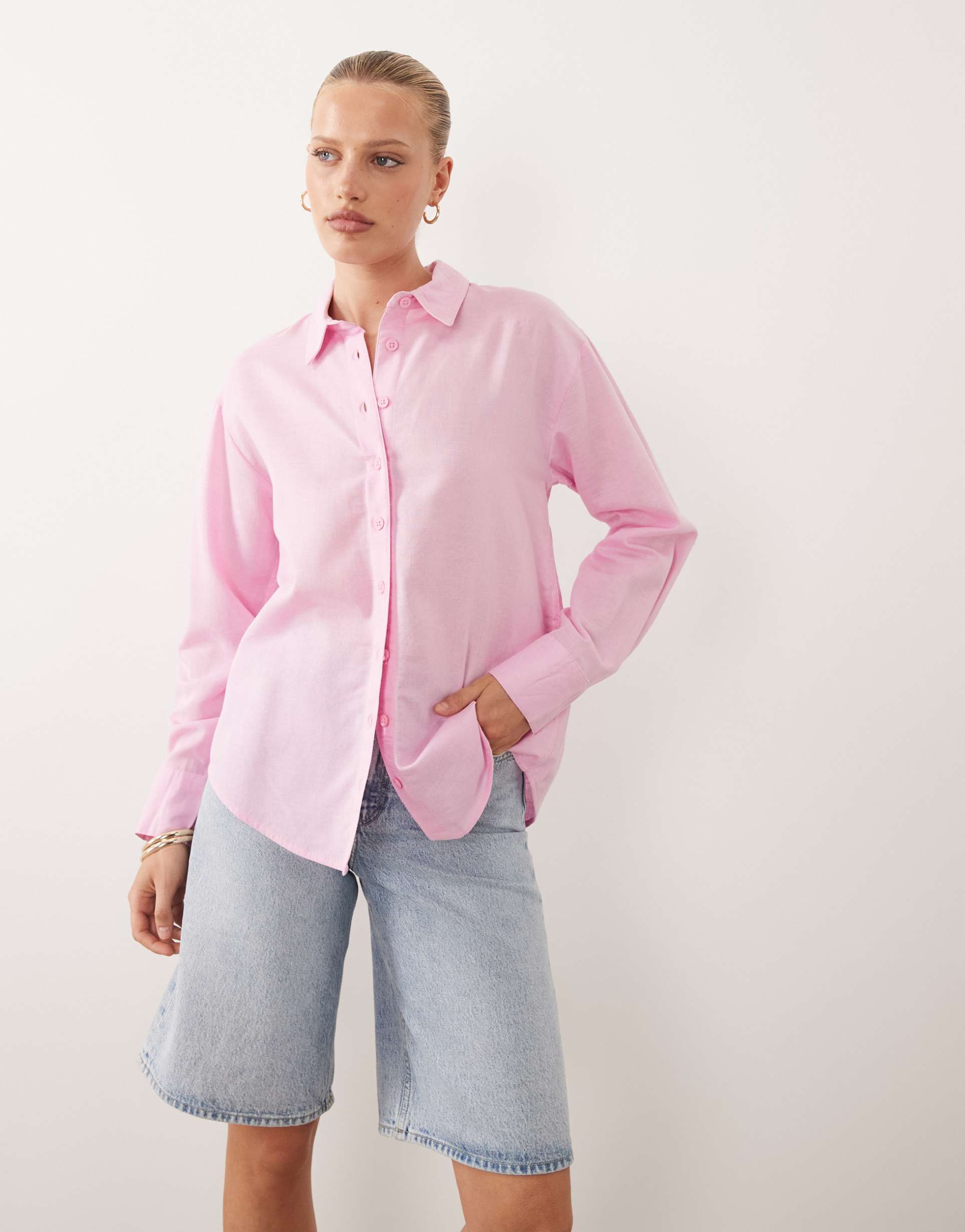 asos design linen blend shirt in pink