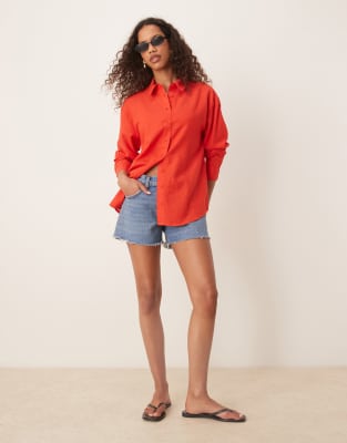 Asos Design Linen Blend Shirt In Orange