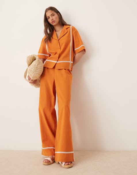 ASOS DESIGN linen blend shirt & trouser co-ord in orange - view 1