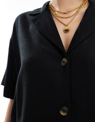Asos Design Linen-blend Short Sleeve Shirt In Black