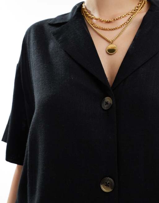 ASOS DESIGN linen-blend short sleeve shirt in black, 2 of 4
