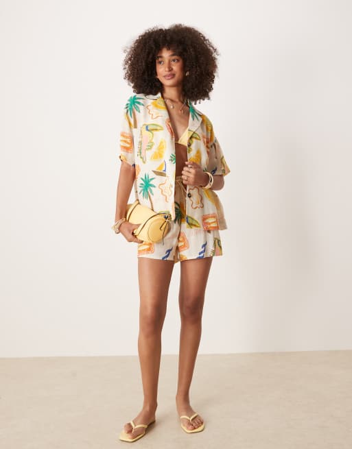 ASOS DESIGN linen blend short sleeve co-ord shirt in tropical print