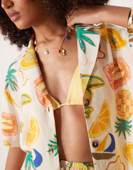 ASOS DESIGN linen blend short sleeve co-ord shirt in tropical print